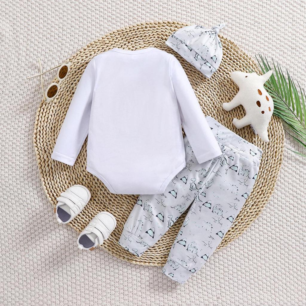 Infant Boy "New To The Crew" Print Dinosaur Pattern Long Sleeve Bodysuit With Matching Pants Hat Outfit Set