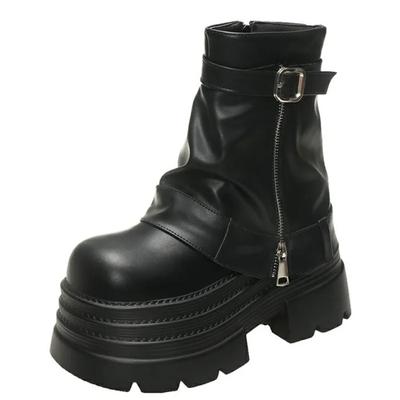 Women Boots Autumn Winter Leather Ankle Boots 10CM Heels Chunky Platform Combat Boots Non Slip Motorcycle Shoes Woman Punk Boot