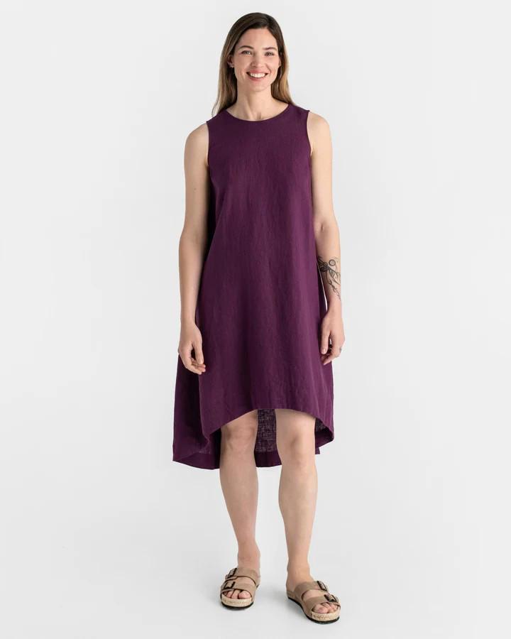 Summer Cotton Linen Solid Color Sleeveless Irregular Round Neck Long Dress