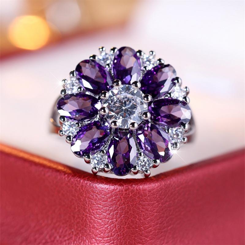 Fashion Elegant Flower Shape Purple Color Zircon Ring For Women Fashion Rings Accessories Custom Jewelry