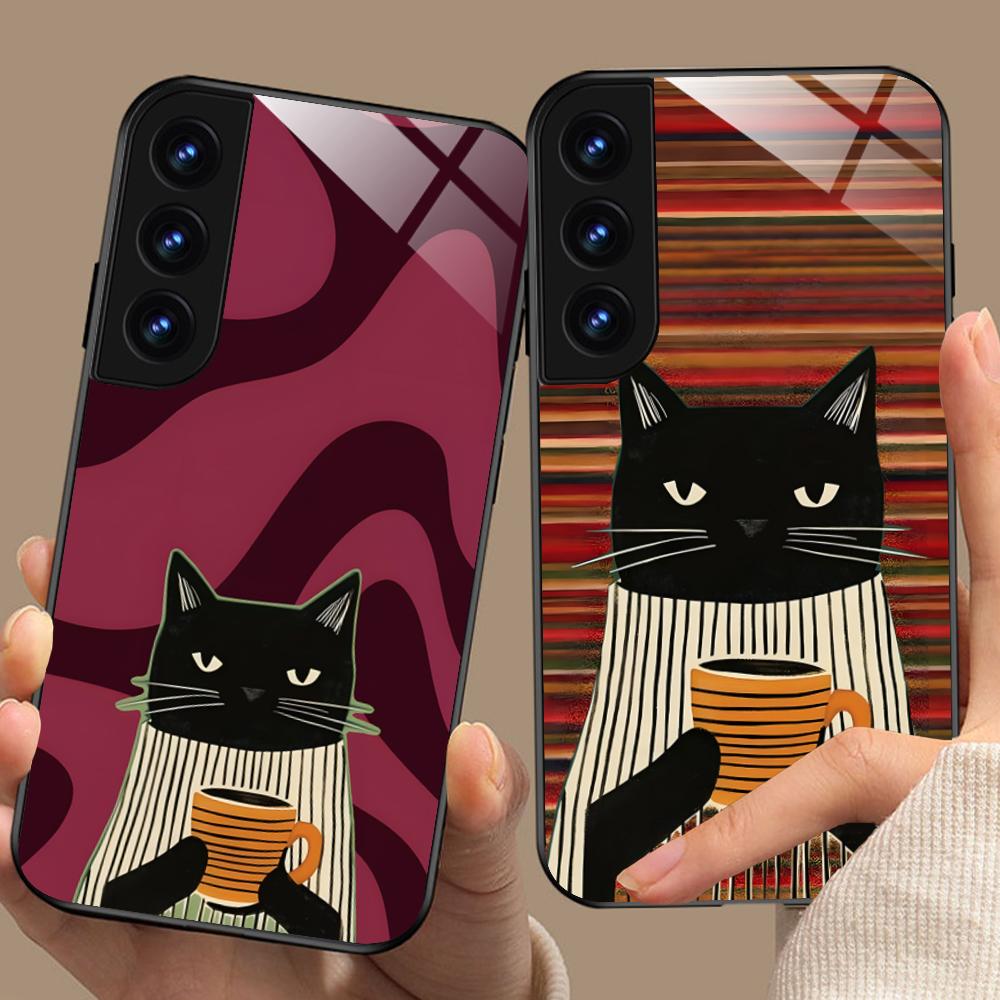 Cute Coffee Cat Glass Mobile Phone Case for Samsung Galaxy S26 S25 S24 S23 S22 S21 S20 Note20 Plus FE Ultra Colorful Cover