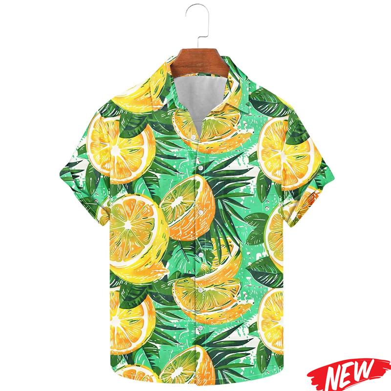 Fashion Fruit Orange Graphic Hawaiian Shirt For Men 2026 Spring Summer Lapel Aloha Shirts Street Oversized Short Sleeve Shirt
