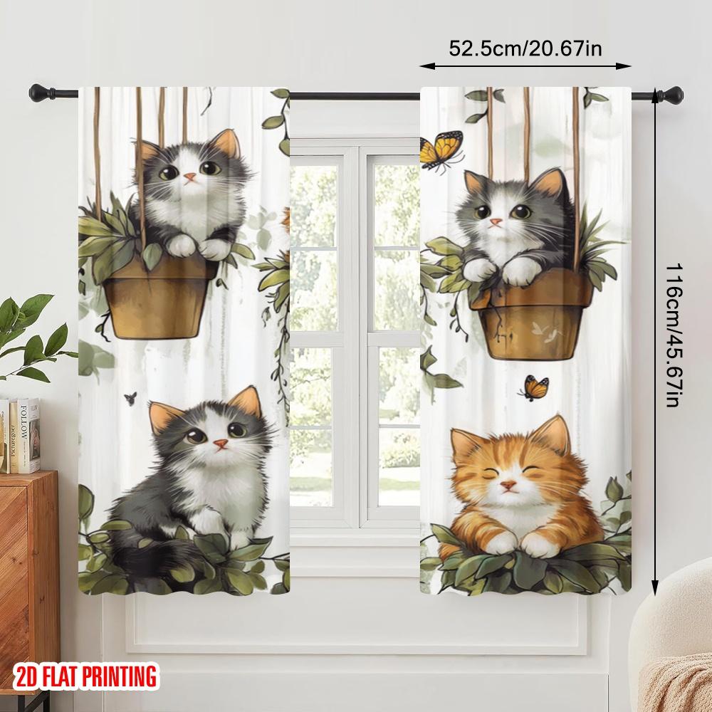 2pc  2D plane printing Light Filtering Curtains Potted Kittens (2) Versatile Durable Polyester (without rod) Holiday Ldeal for