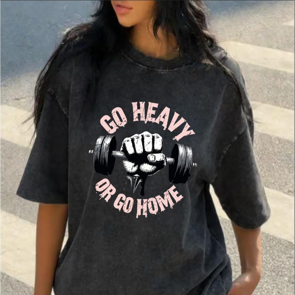 Washed Black Gym Barbell Graphic T-Shirt Eat Sleep Train Repeat Fitness Print Casual Crew Neck Top for Men Women