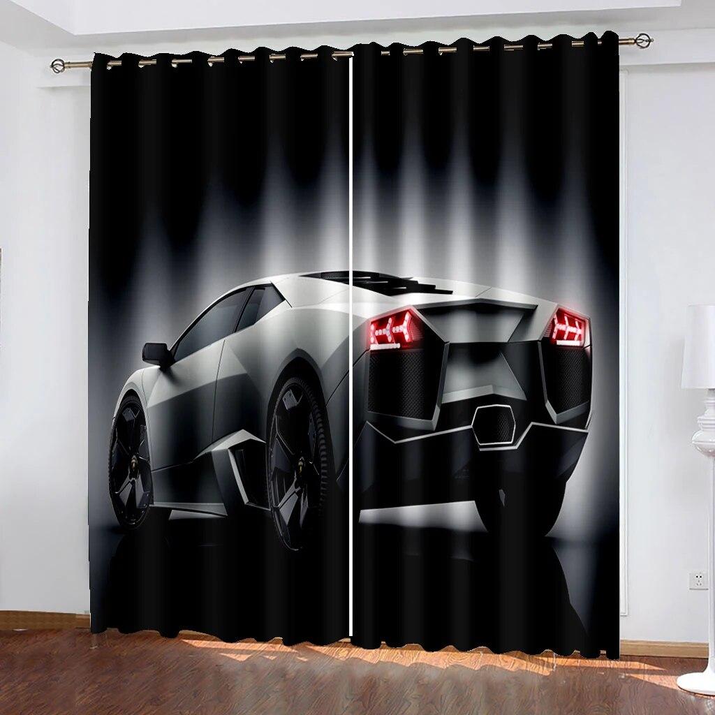 3D Trendy City Sports Car Scenery 3D Printing Semi Sunshade Window Curtain Polyester Fabric For Bedroom Hook Accessories  2pcs