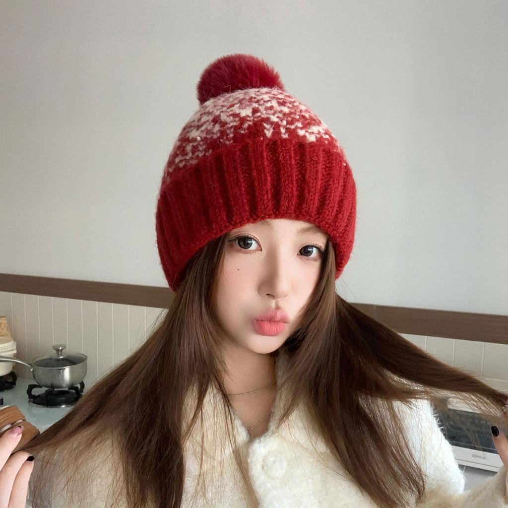 Jacquard Knitted Hat Autumn Winter Beanie Women's Hat, Outdoor Cycling Plush Lining Warm Wholesale