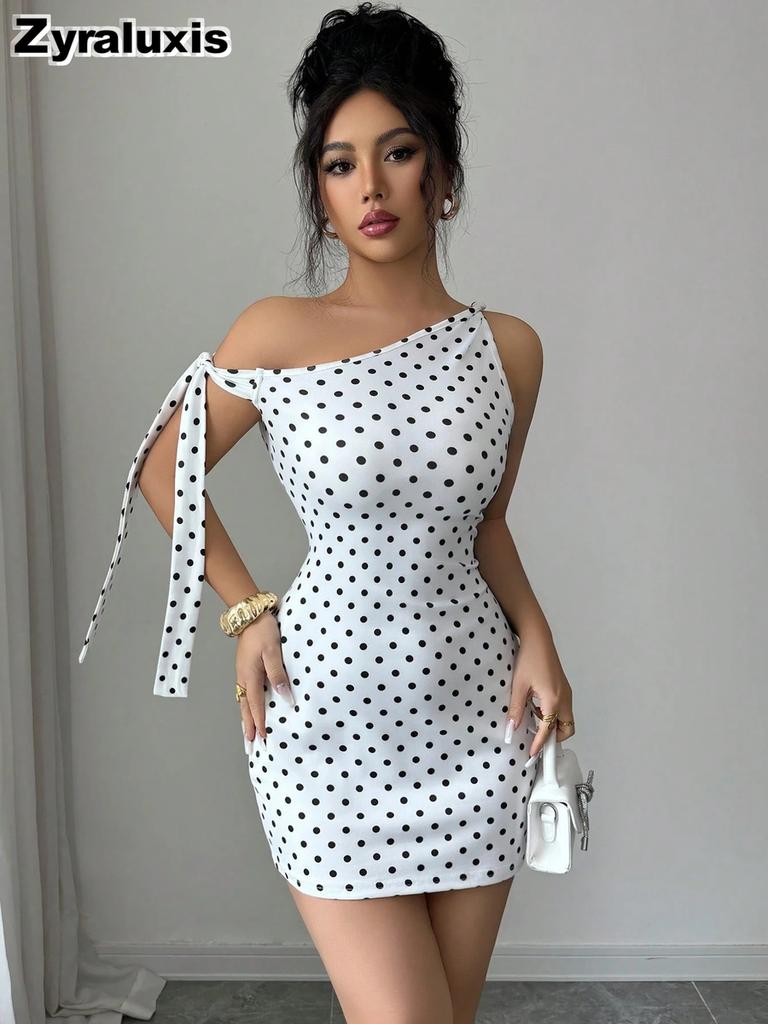 Neues Retro-Pünktchen-Off-Shoulder Bodycon Etui-Minikleid für Damen
