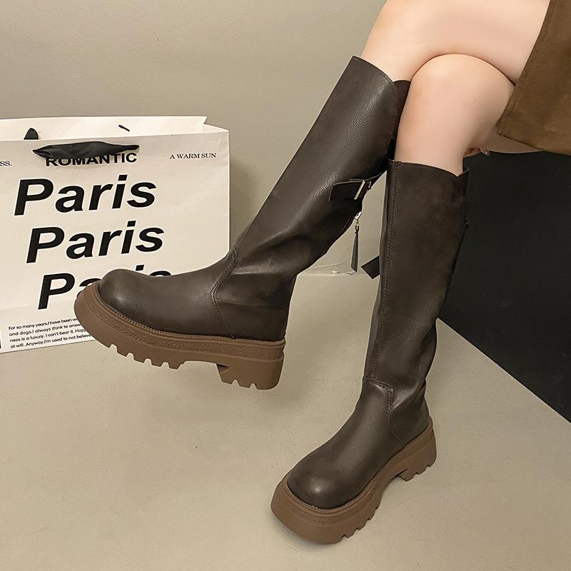Brown French Skinny Small Platform Boots Women's Boots 2025 New Autumn Retro Tall Knight Boots