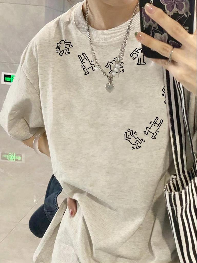 Damen 2025 Schwergewichtiges Graues Baumwoll-Sommer-T-Shirt mit Lockerem Halbem Ärmel