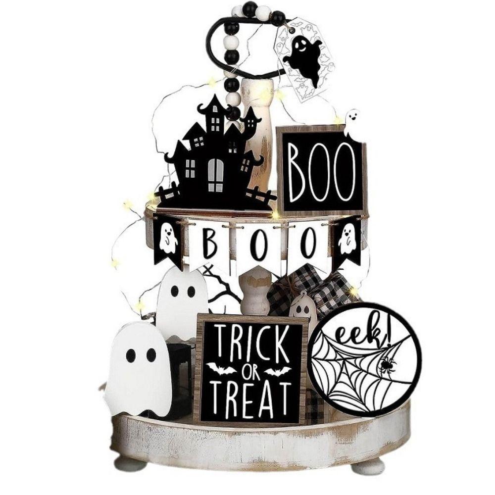 13pcs Pumpkin Cute Ghost Tray Decor Wooden Signs Ornaments Halloween Desk Decoration  Tabletop