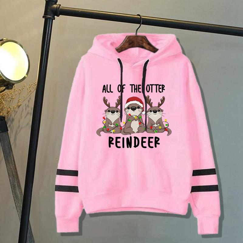 Fashion Women Christmas All Of The Otter Reindeer Print Hooded Sweatshirt Autumn Leisure Sports Pullover