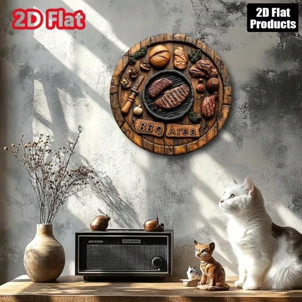 Placca Artistica da Parete Rotonda in Metallo 20x20 cm Segno Rustico per Grigliata BBQ Design Grigliata Carne Tavola di Legno Decorazione Cucina Retrò Bar di Casa Man Cave