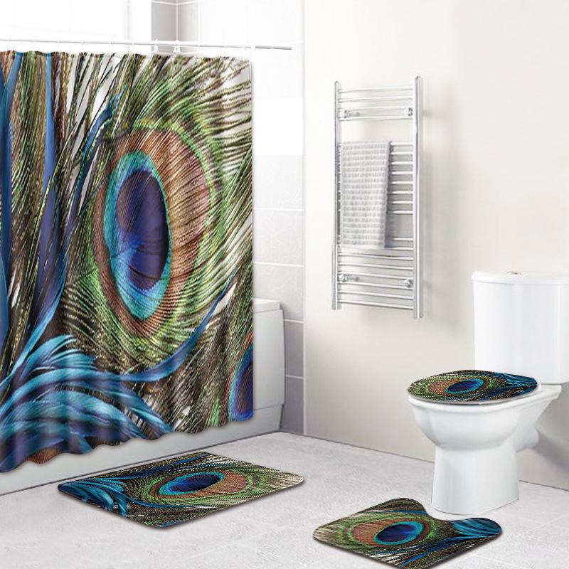 Retro Geometric Bathroom Four-Piece Waterproof Shower Curtain Bedroom Non-Slip Carpet Floor Mat Door Mat