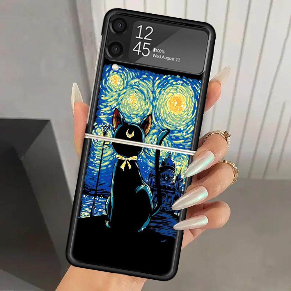 Black Cat Cartoon Cute Hard PC Phone Case For Samsung Galaxy Z Flip 7 6 5 4 3 Black ZFlip7 ZFlip6 Flip5 Flip4 Flip3 5G Print Cov