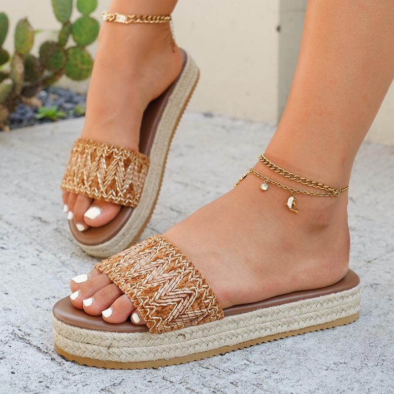 

New Fashionable Woven One-line Women s Flat Round-toe Beach Shoes and Large-sized Flip-flops 36 коричневий