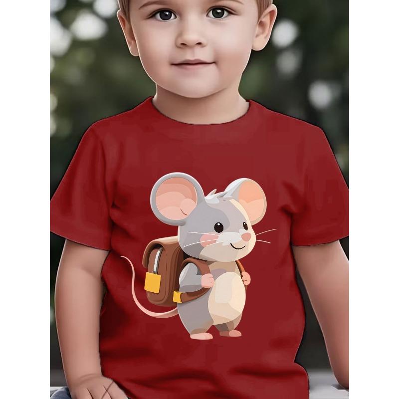 Boy Back To School Crewneck T-Shirt, Cute Little Mouse With Backpack Cartoon Print