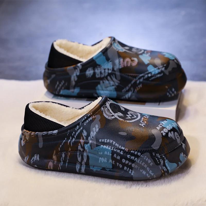 

Мужские тапочки, обувь для мужчин, водонепроницаемая, с хлопковым покрытием на каблуке, модная, новая, теплые, нескользящие, износостойкие, с толстой подошвой 44-45 чёрный