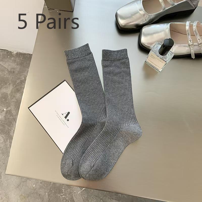 5 Pairs of Female Spring and Autumn Solid Color Cotton Socks