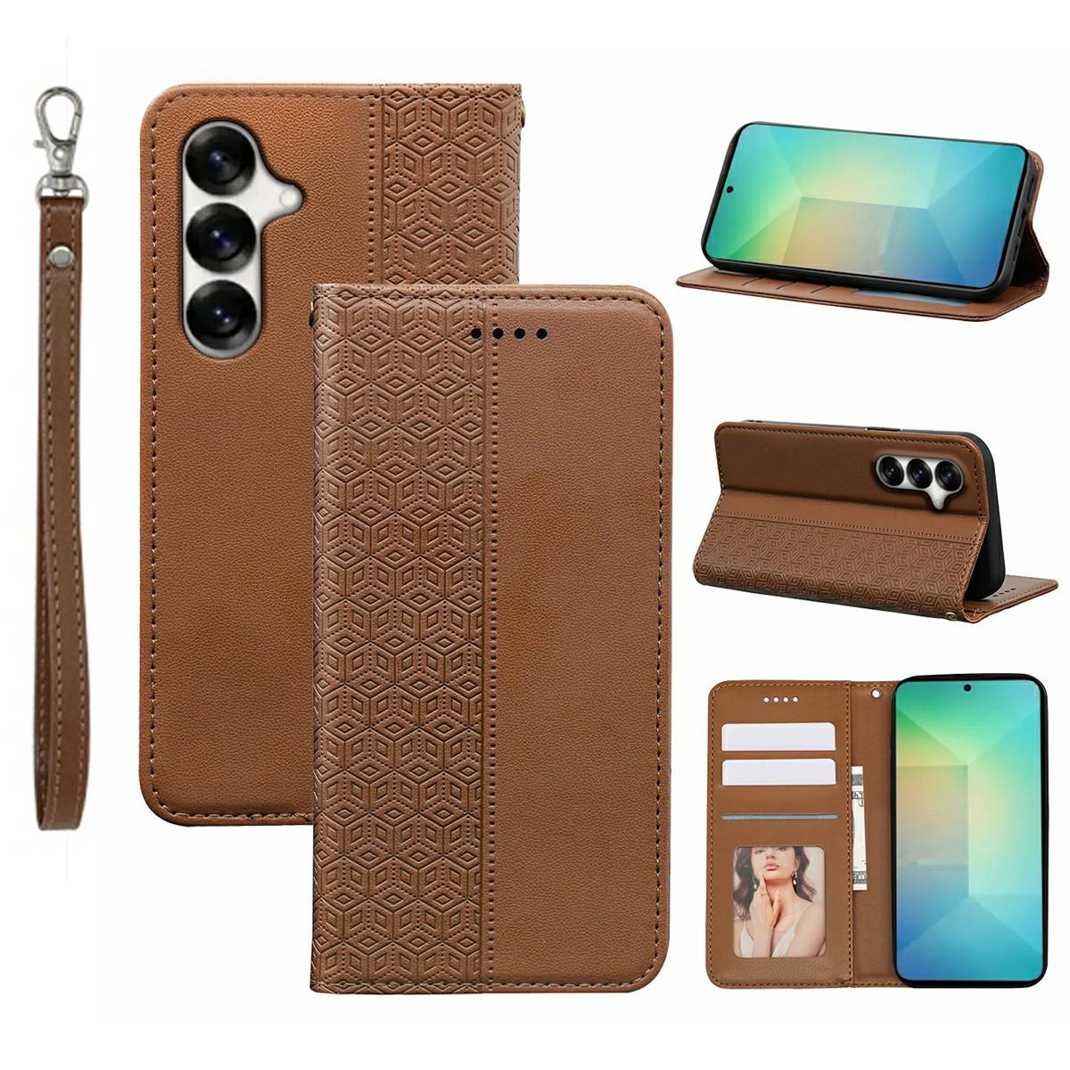 

For Samsung Galaxy S26+ Wallet Phone Case Checkered Pattern Imprint Leather Flip Cover with Wrist Strap