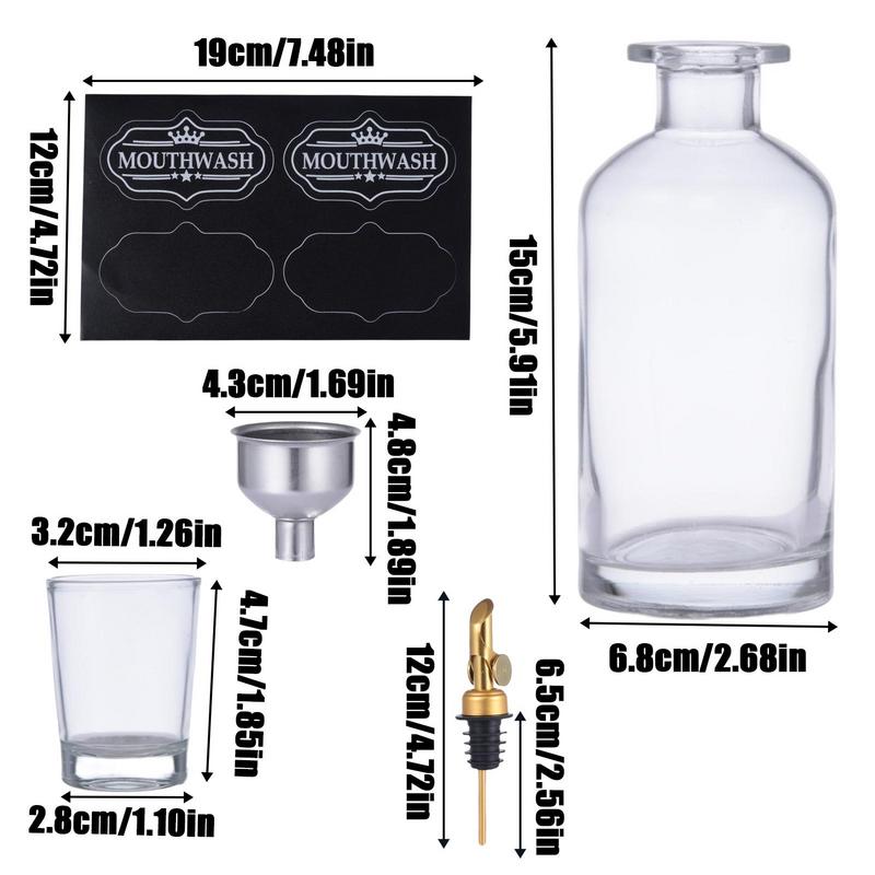 Mouth Wash Dispenser Bottle 12oz/350ml Transparent Mouthwash Bottle Set With Stainless Steel Spout Funnel Labels Cups Countertop
