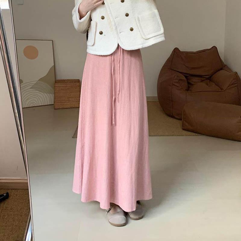 Skirt for Women Casual Versatile Elastic High Waist Long Loose Thickened Stretchy Slim Solid Colour Knit  Skirt