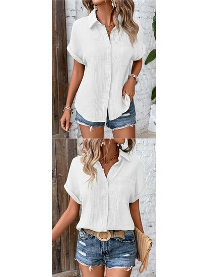 European American Women's Cotton Shirt - 2026 Summer Collection: Solid Color Casual Button-Up