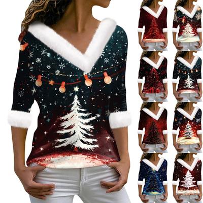 Women's Fashionable V Neck Long Sleeved Christmas Printed Plush Collar Casual Top