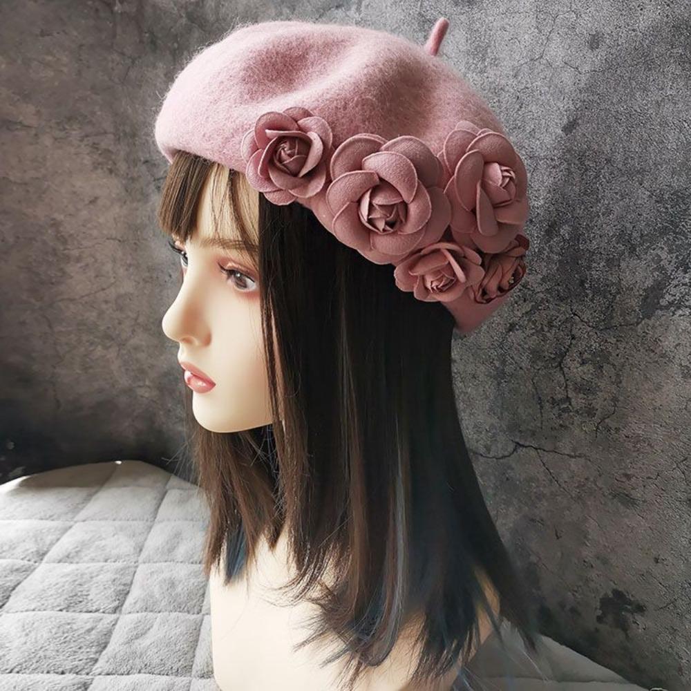 Herbst und Winter Dreidimensionale Kamelienblüten Wollbarett Ausländischer Stil Vielseitig Warm Knospenmalermütze Frau