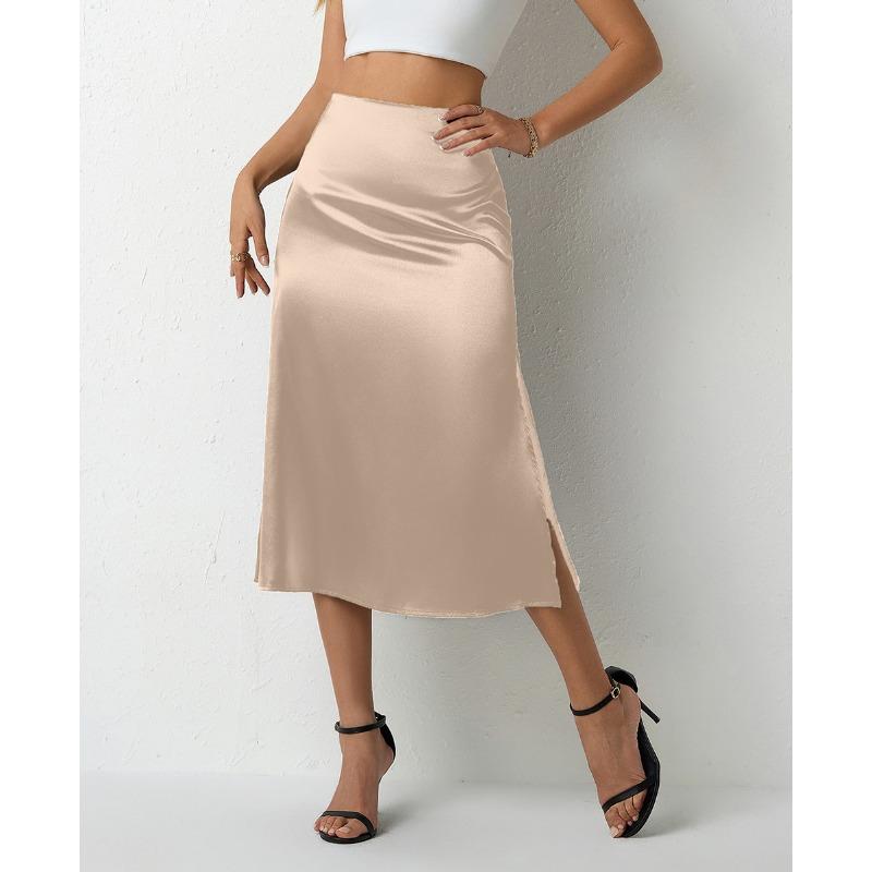 Women's Satin Half Skirt Summer Vent Professional A-line Skirt High Waisted Skirts