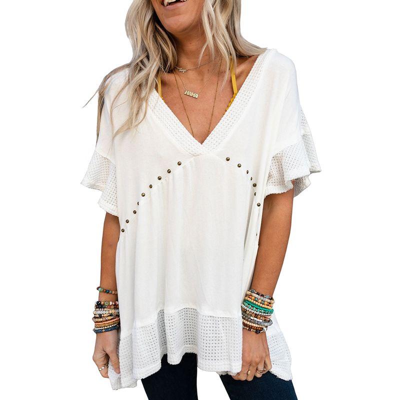 

European and American Style V Neck Short Sleeve Chiffon Pullovers Female 2024 Summer New Arrival Half Sleeve Beaded Personality Half Sleeve Tops LC25119556-White L code fits (65.00 kg-72.50 kg