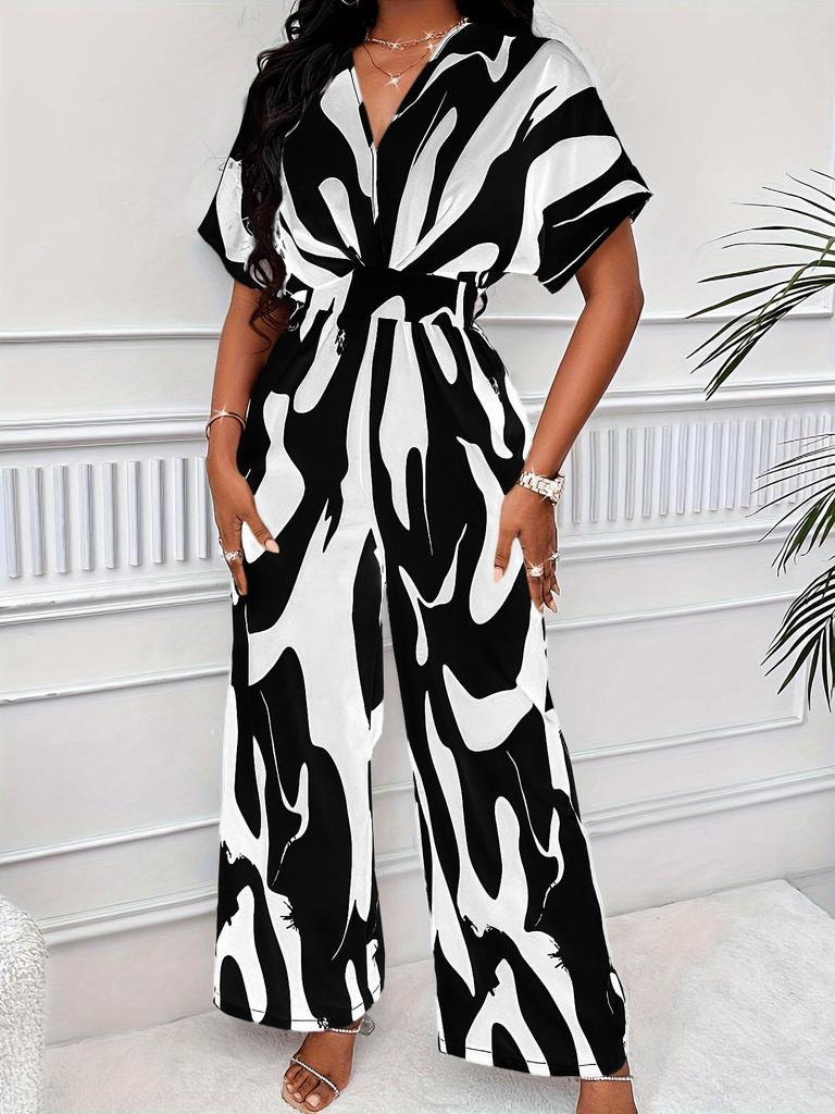 Spring/Summer Women's All-over Print Batwing Sleeve Wide-Leg Jumpsuit