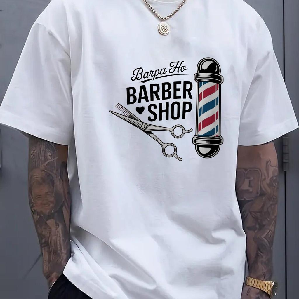 Barber Shop Graphic Print TShirt Men Casual Short Sleeve Crew Neck Cotton Tee