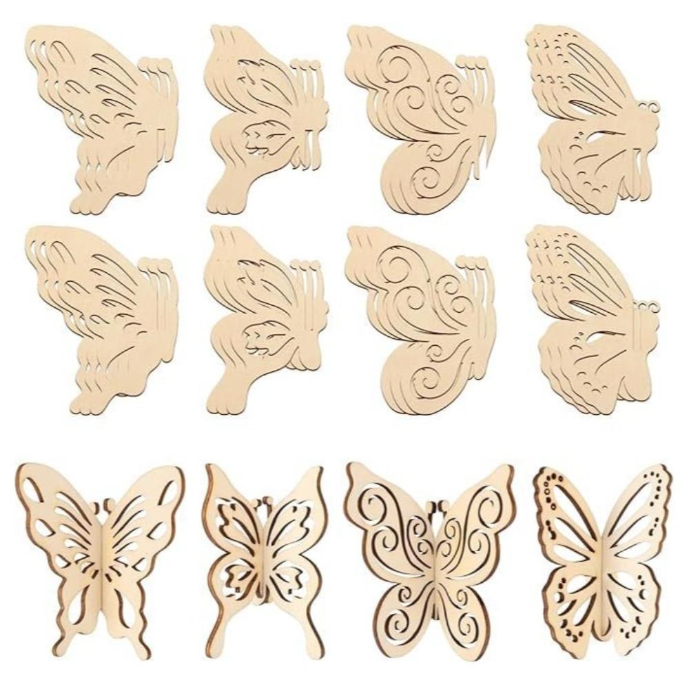 12pcs DIY Easter Eggs Wood Crafts Handmade 3D Stars Butterfly Unfinished Wooden Slices Paintable Desktop Ornaments Holiday Decor