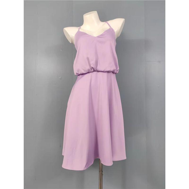 

Foreign Trade Order VM Home Smooth Skin-friendly Satin Sling Dopamine A- line Skirt Solid Temperament Big Hemline Dress Dress Violet XS