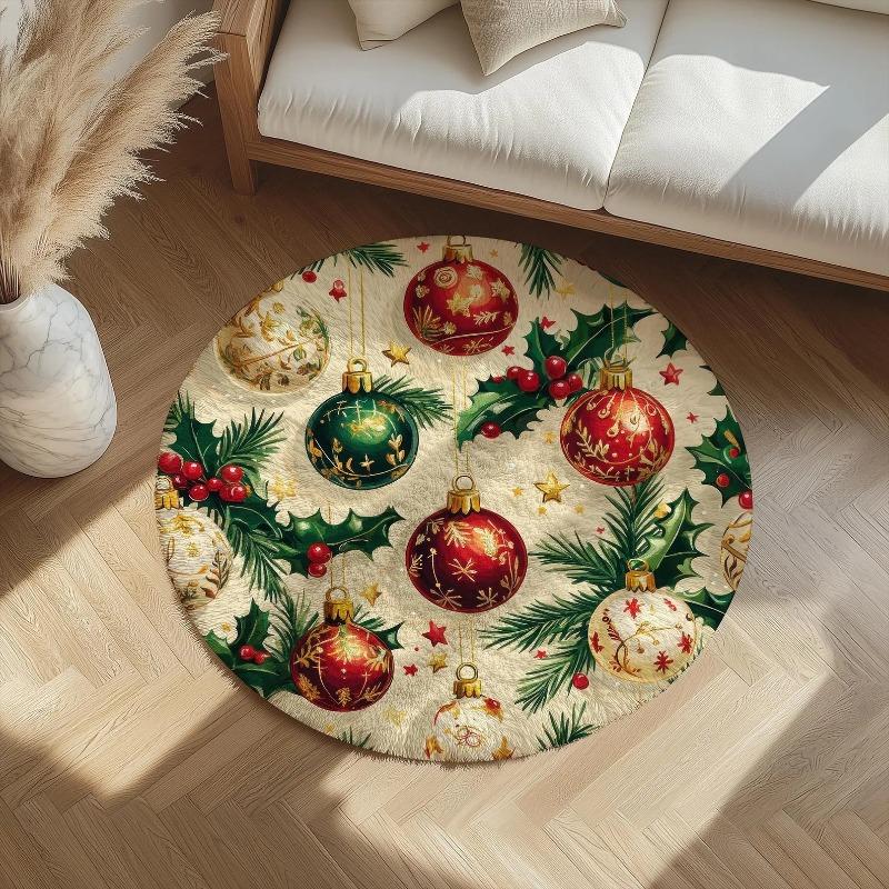 Christmas Round Carpet Santa Slide and Tree Printing Festive Holiday Decorative Rug Floor Mat for Christmas Carpet Under Tree