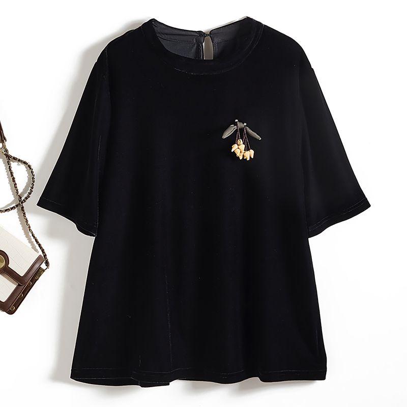 

Ruched Craft! Stylish Women s Small Stand Collar Half-Sleeved Upright Pile Non-Inverted Velvet A- line T-shirt Loose Attached Brooch as a Gift Black L