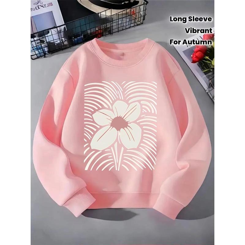 European Sizes Kids' Crewneck Sweatshirt - Floral Pattern with Radiating Lines , Sportswear And Casual Wear, Soft And Comfortable