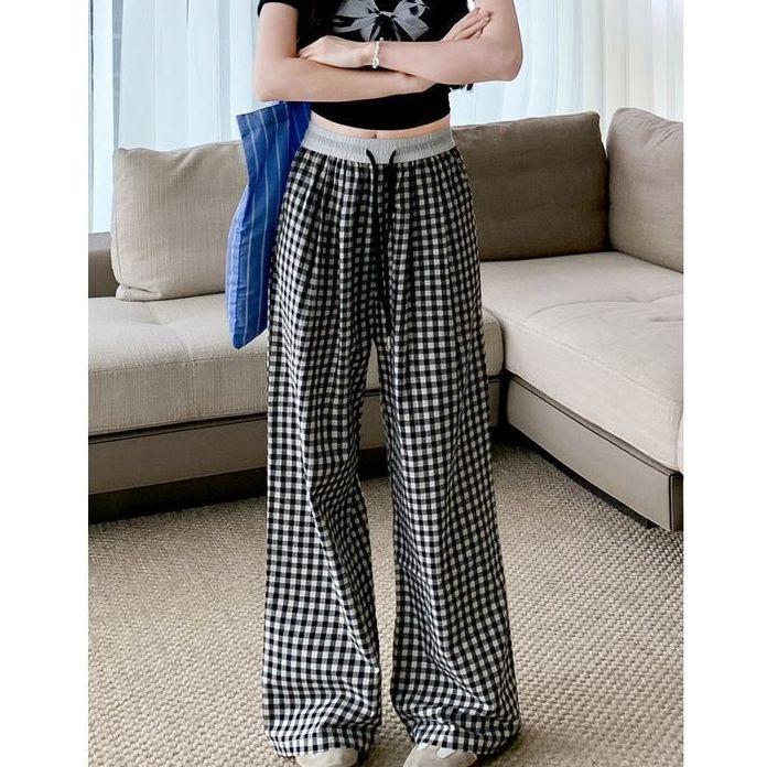 2025 Girls' Pink Plaid High-Waisted Loose Fit Yamamoto Pants: Retro Wide-Leg for Spring/Summer