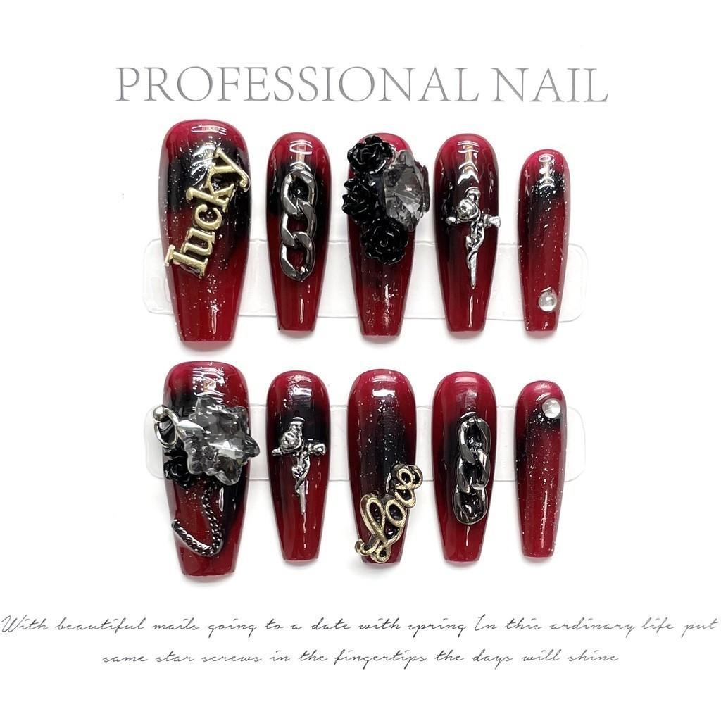 100% HANDMADE Press On Artificial Nail Long Coffin Shape Lucky Dark Gothic Blood Red Butterfly Wings Phototherapy Nails Fake Nails Reusable