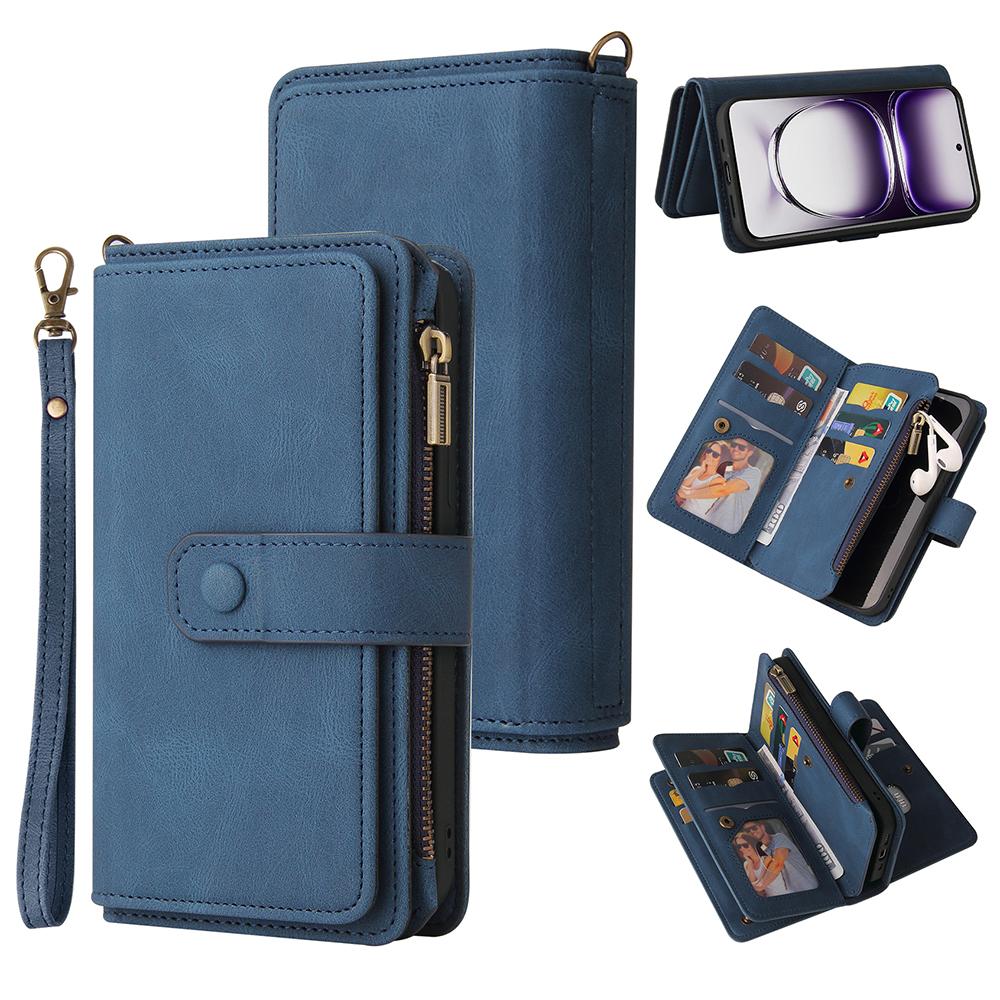 For Oppo Reno12 5G (Global) Zipper Wallet Case with 15 Card Slots and Strap Leather Phone Cover
