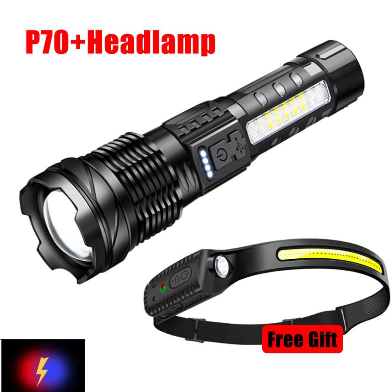 100000LM High Strong Power Led Flashlights Tactical Emergency Zoom Spotlights Built-in Battery USB Rechargeable Camping Torch