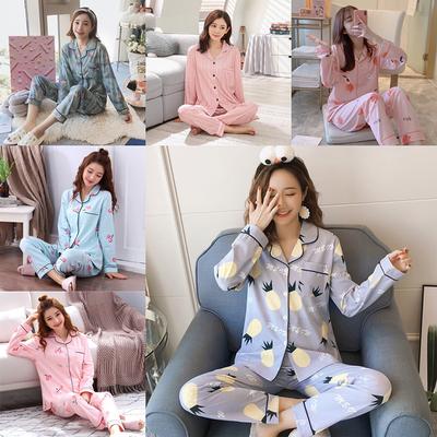 Damen Zweiteiler Frühling und Sommer Strickjacke Pyjama Langarmhose Damen Cartoon Niedlich Floral Lässig Schlichte Homewear