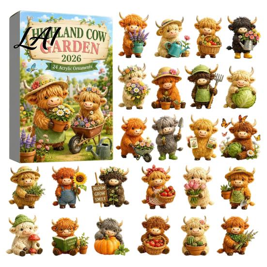 Indoor Festive Decorations Highland Cow Garden Advent Calendar 2026 24 Day Christmas Countdown with 2D Cute Animal Hanging Decor Acrylic Collectible