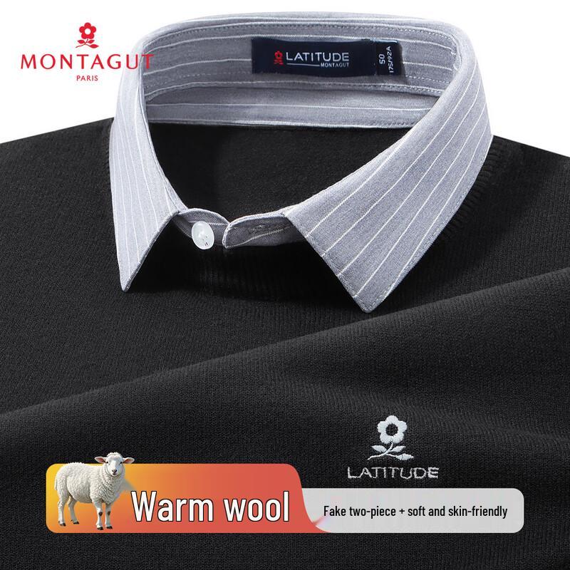 MONTAGUT Men s Faux Two-Piece Merino Wool Blend Knit Sweater L
