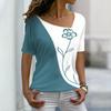 Women's Short Sleeved T-shirt with Slanted Neckline Pattern and Digital 3D Printed Women's T-shirts