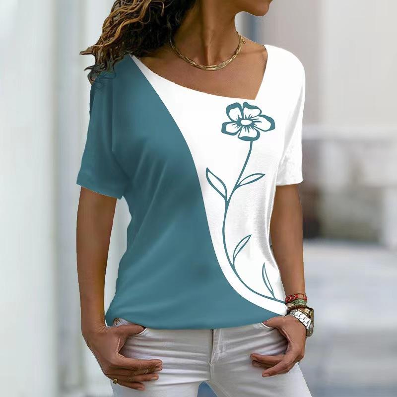Women's Short Sleeved T-shirt with Slanted Neckline Pattern and Digital 3D Printed Women's T-shirts