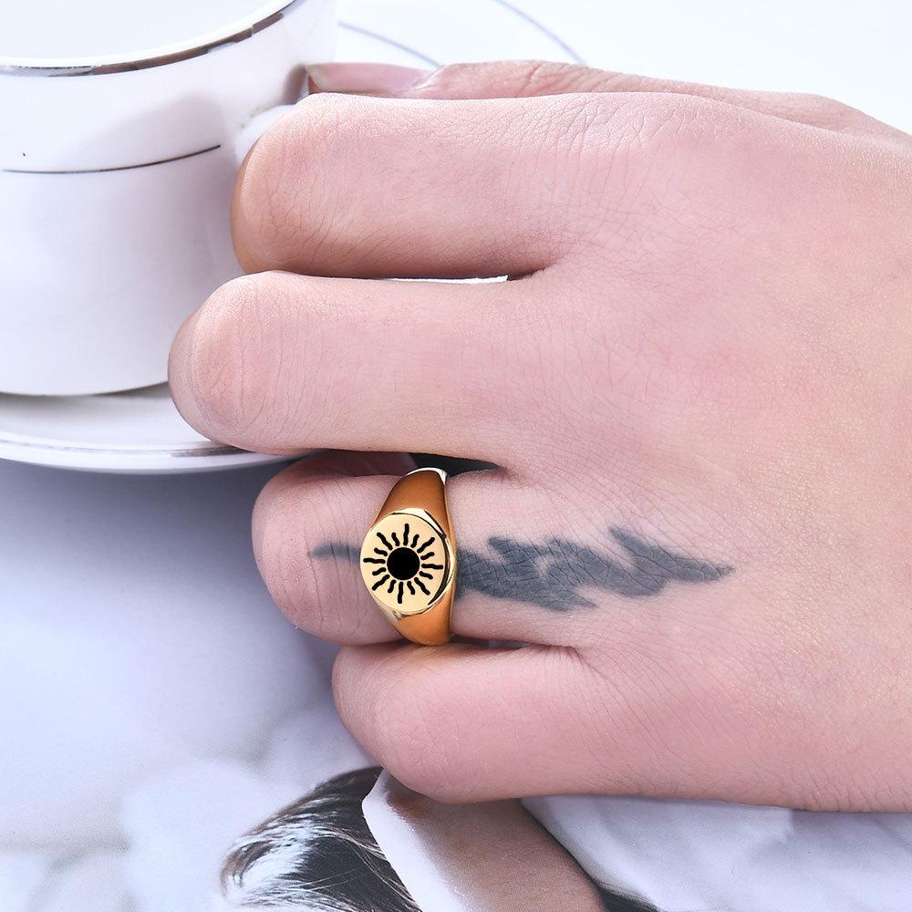 European & American 12MM Engraved Sun Stainless Steel 18K Gold Women's Ring - Fashionable, Hot-Selling, Cross-Border Design.
