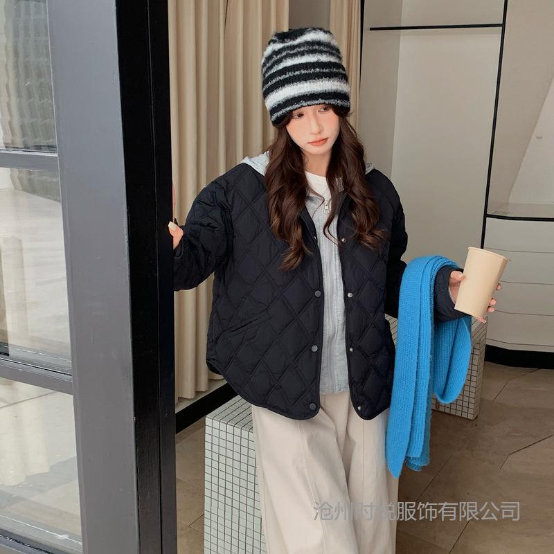 Autumn and winter new loose casual rhombus line jacket fake two-piece detachable splicing hooded cotton jacket