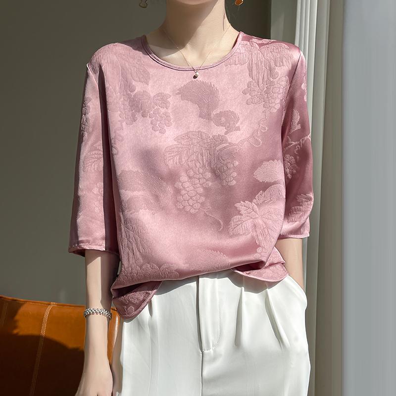 

Женская футболка с короткими рукавами, новая летняя, из смеси шелка тутового шелкопряда, 50% шелка, 50% полиэстера, дышащий тонкий топ, повседневный L розовый