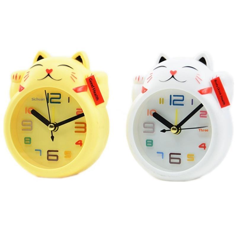 Cute Lucky Cat Alarm Clock Quiet Non-Ticking Movement Kawaii Design for Kids Bedside Nightstand Decor